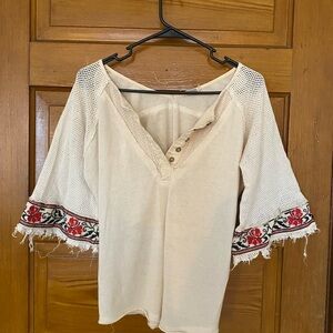 Free People Cream Top with Red Embroidery